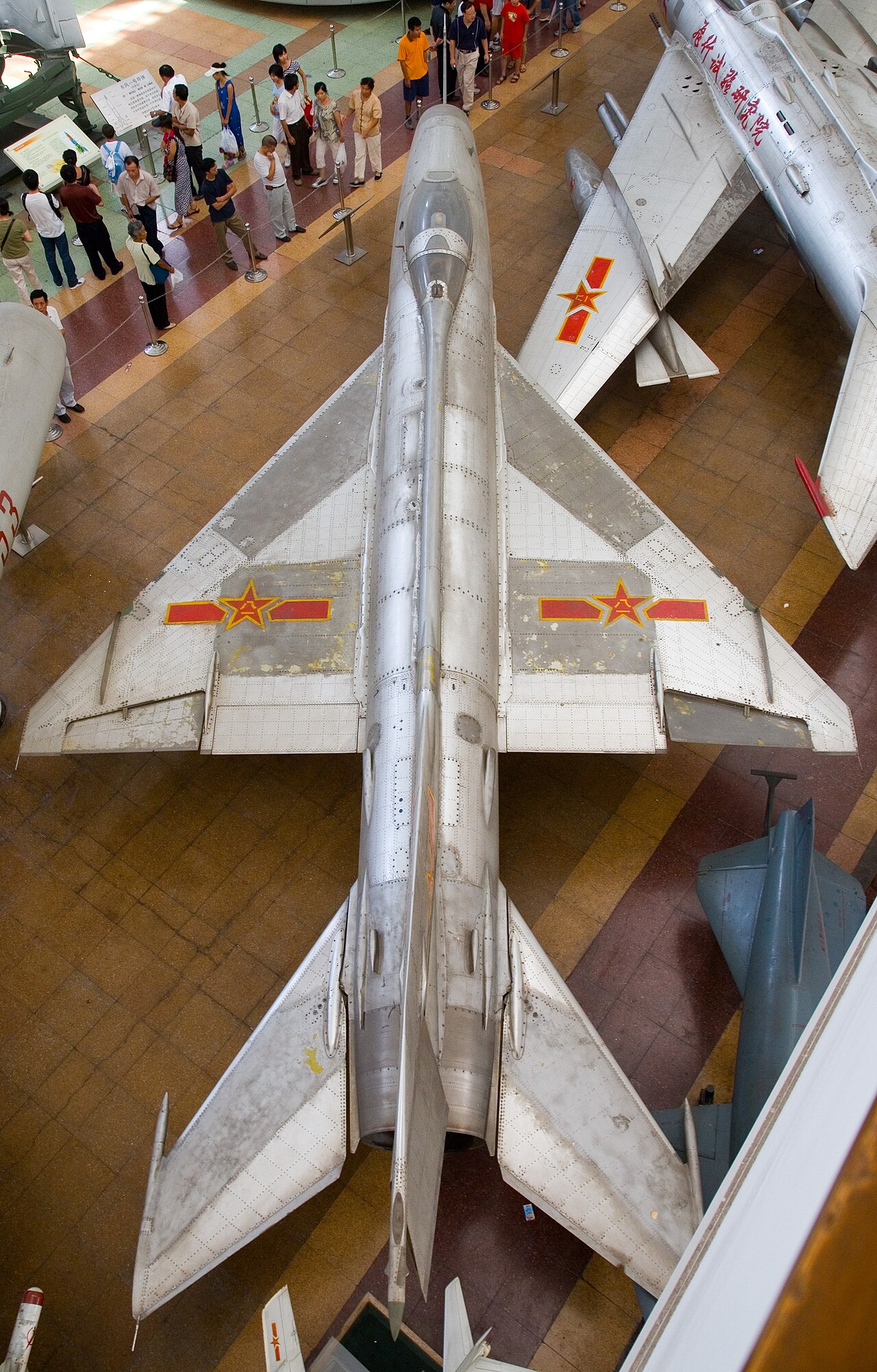 A Chinese J-7I fighter at the Beijing Military Museum from above.