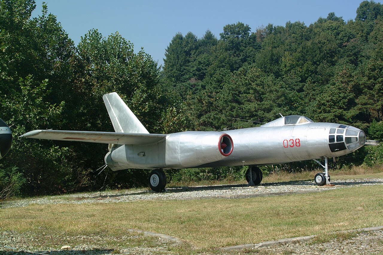 This is a Russian Ilyushin Il-28 'Beagle' bomber licence built in China as the Harbin (where the factory is) H-5. This one is wearing the Chinese markings which it wore when it def
