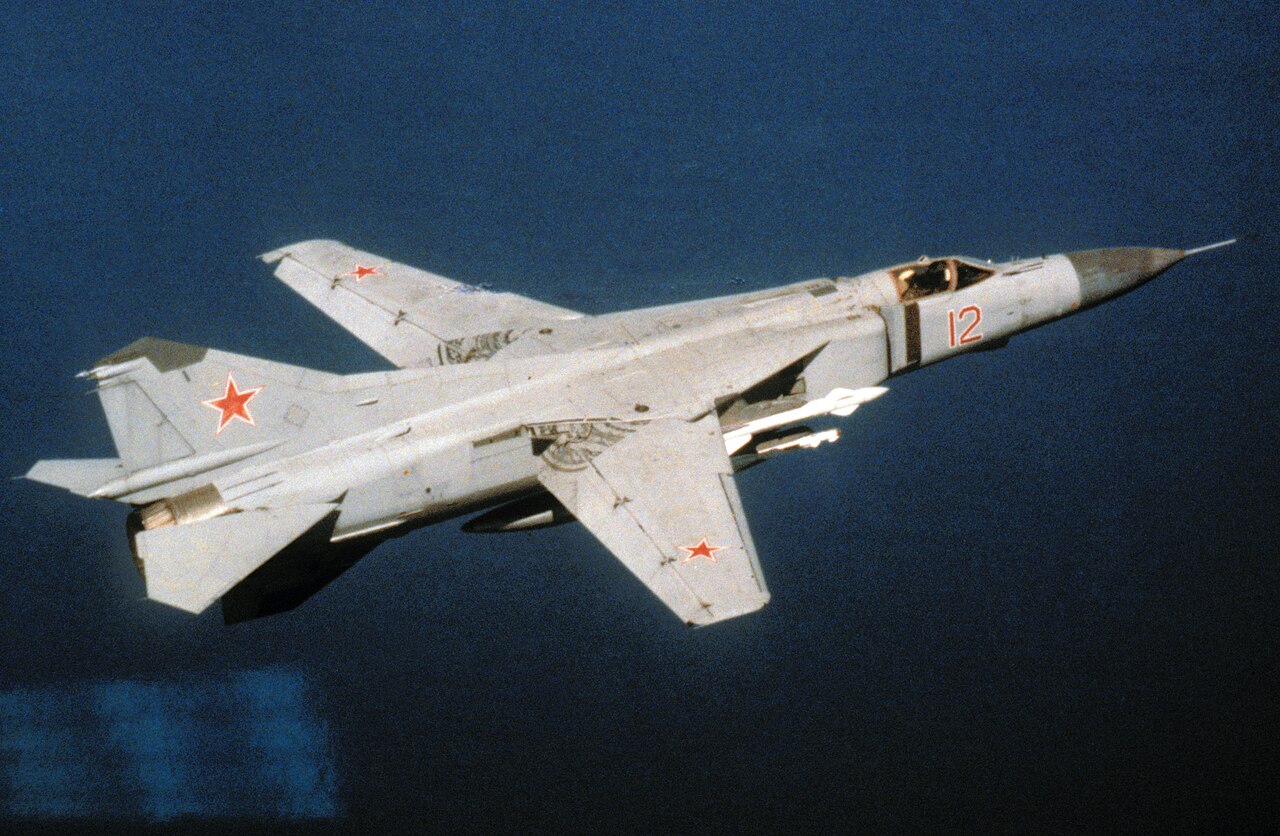 A Soviet Mikoyan-Gurevich MiG-23M "Flogger" in flight in 1989.