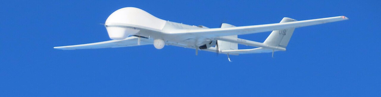 BZK-005 reconnaissance drone in flight, photographed in August 2023